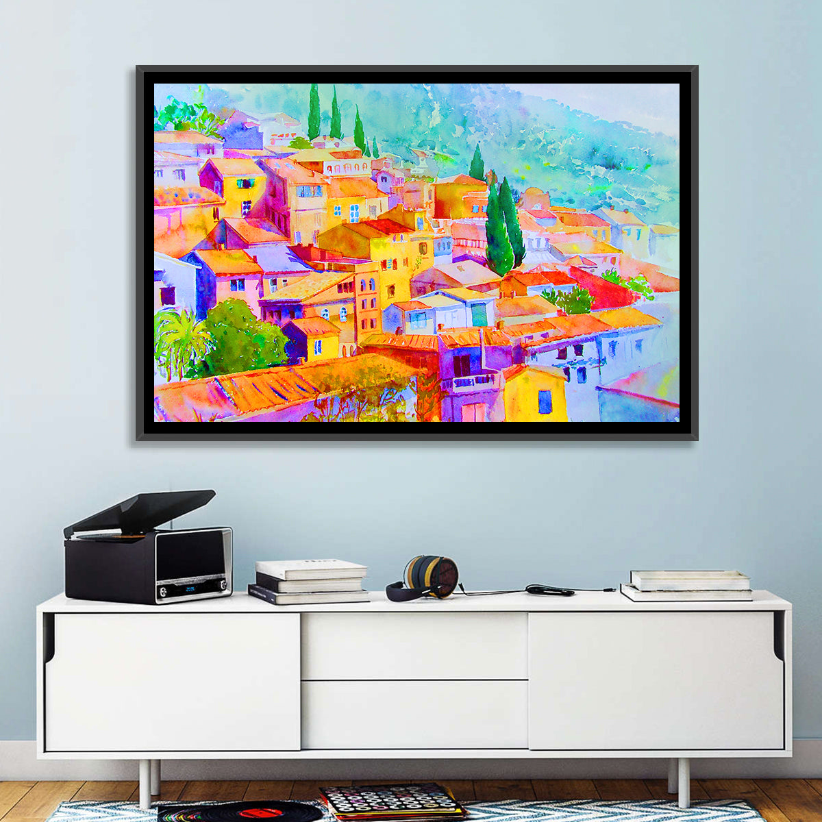 Mediterranean Hillside Watercolor Village Wall Art in a room, landscape