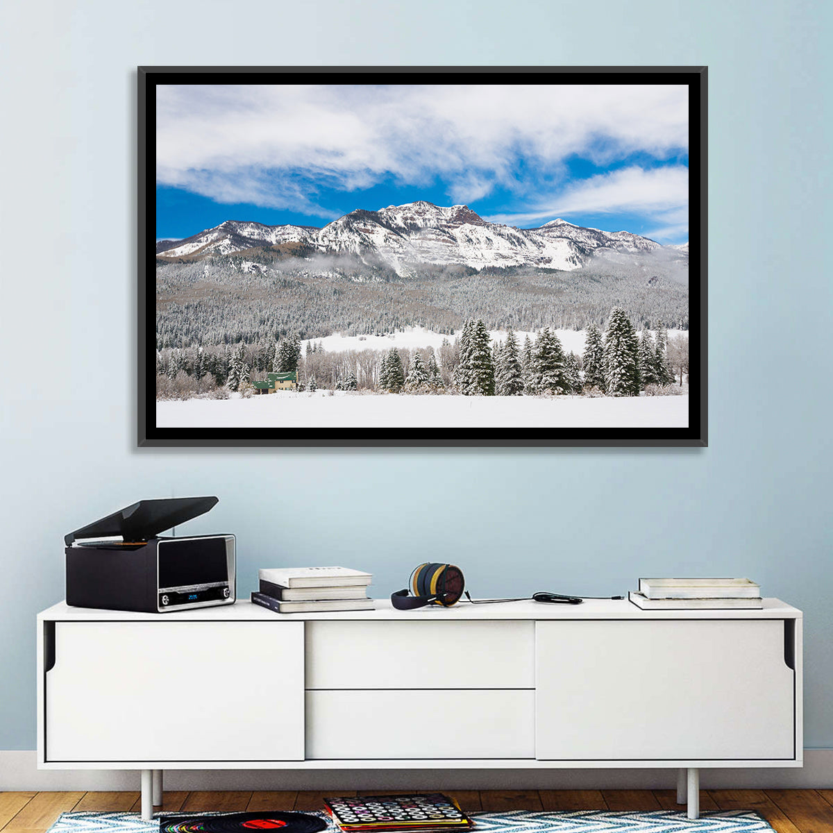 Colorado Snowy Mountain Cabin Wall Art in a room, landscape
