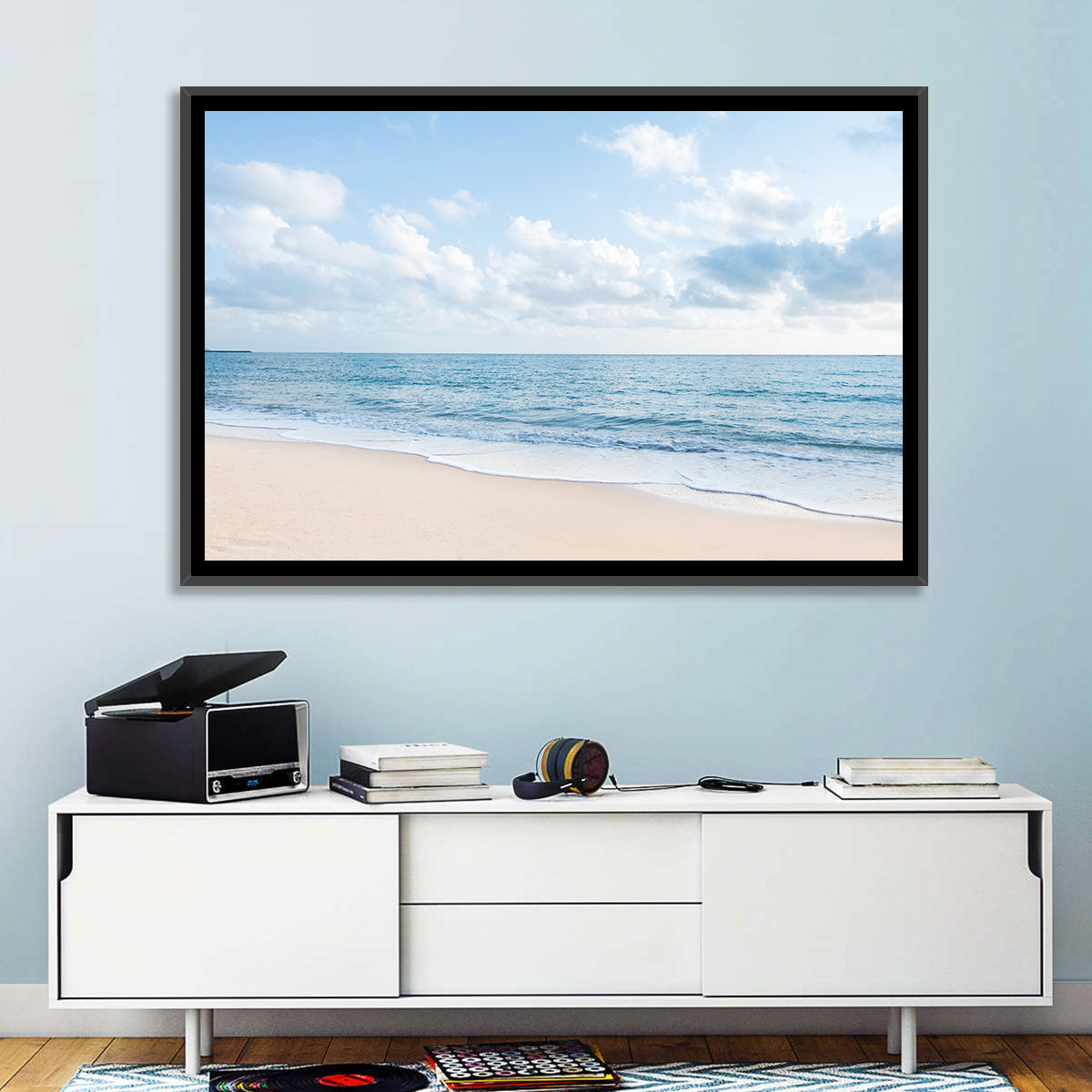 Minimalist Sandy Beach and Gentle Waves Wall Art in a room, landscape