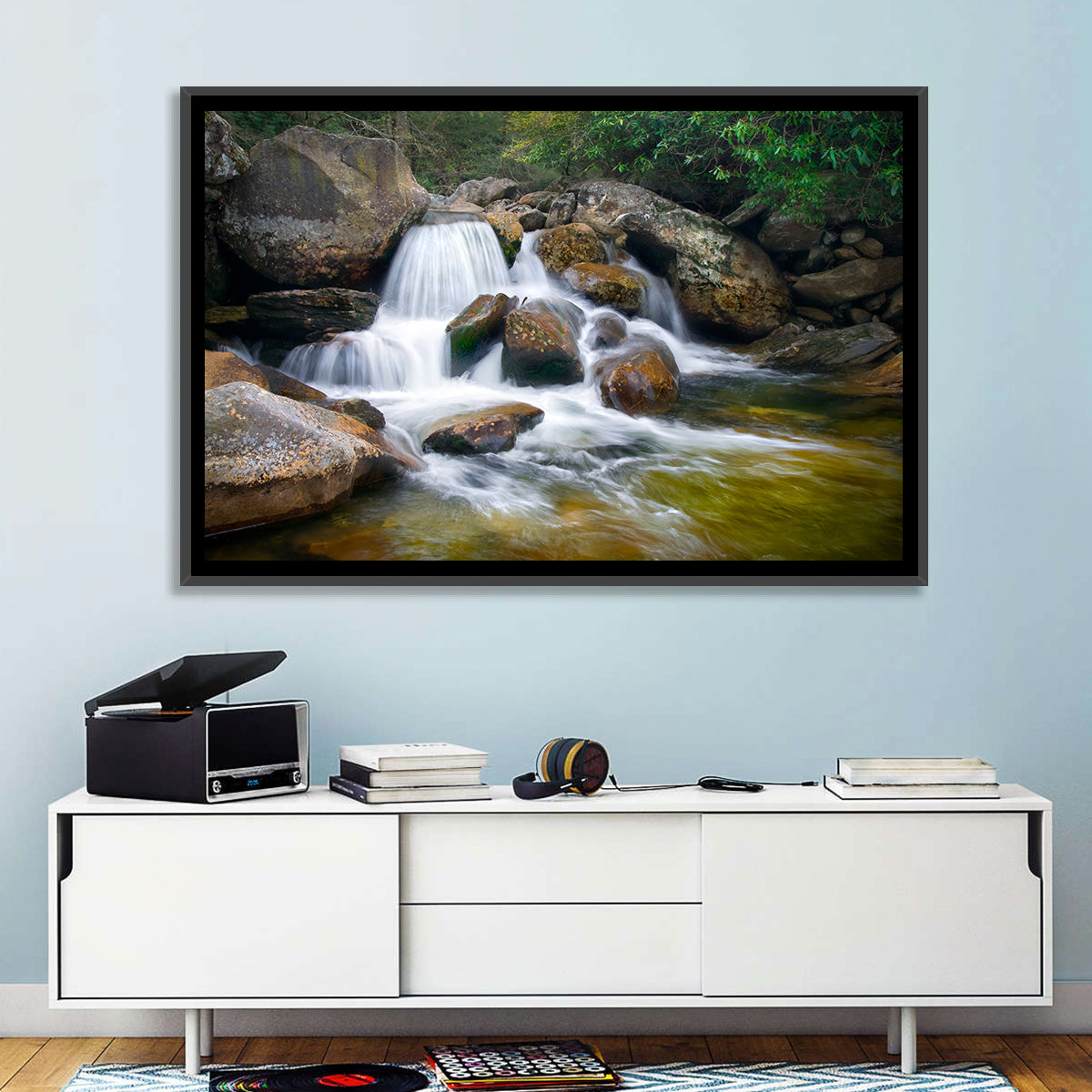 Blue Ridge Mossy Waterfall Wall Art in a room, landscape