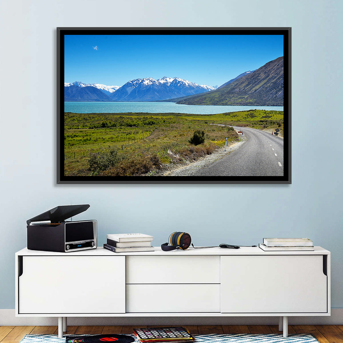 Winding Road at Lake Ohau Wall Art in a room, landscape