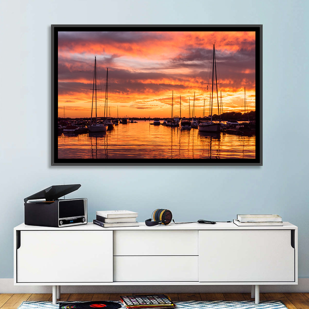 Lake Norman Harbor Sunset Wall Art in a room, landscape