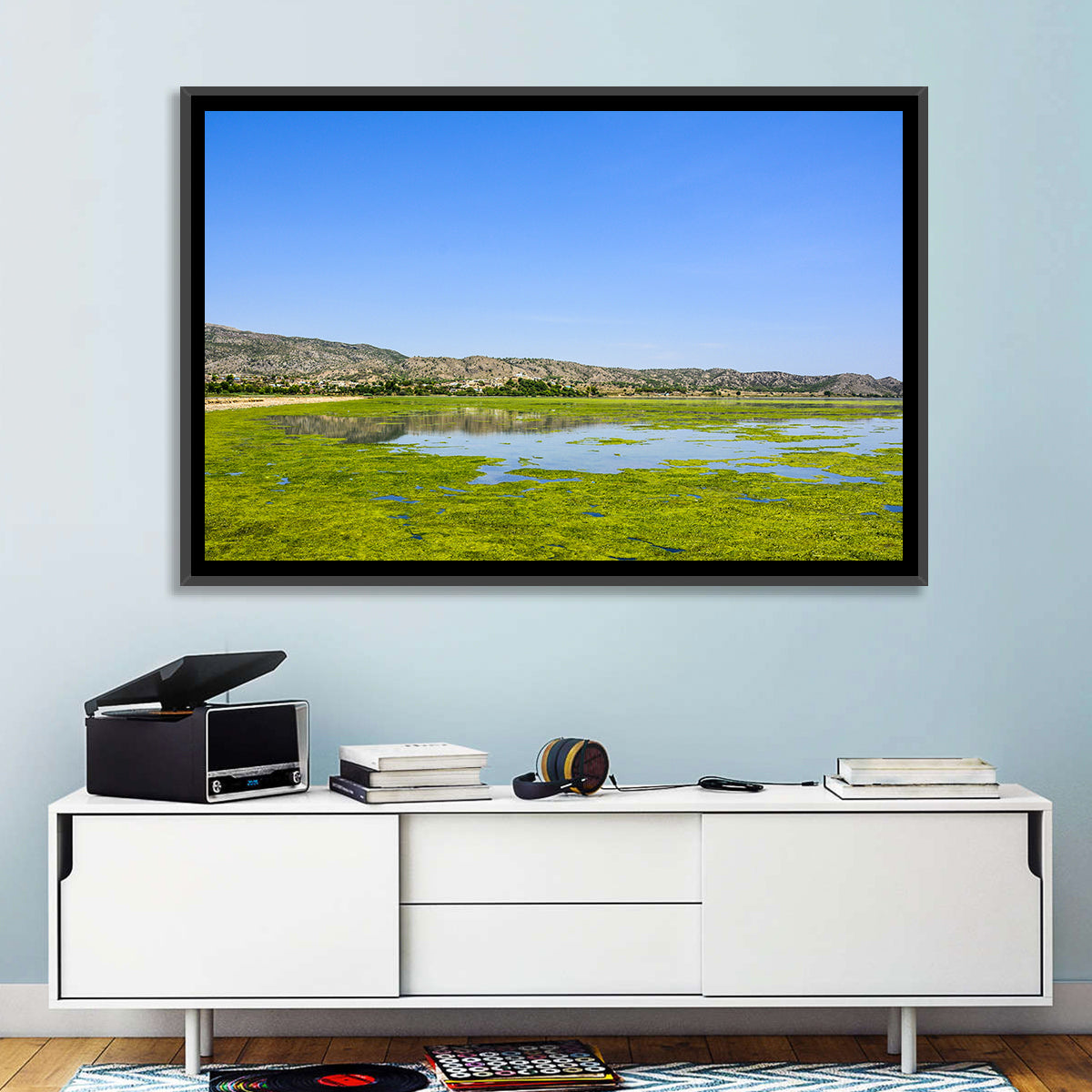Uchali Lake Algae Reflection Wall Art in a room, landscape