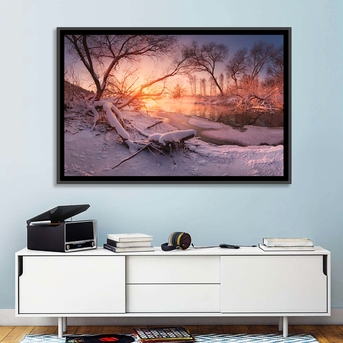 Sunset Over Snowy Forest Lake Wall Art in a room, landscape