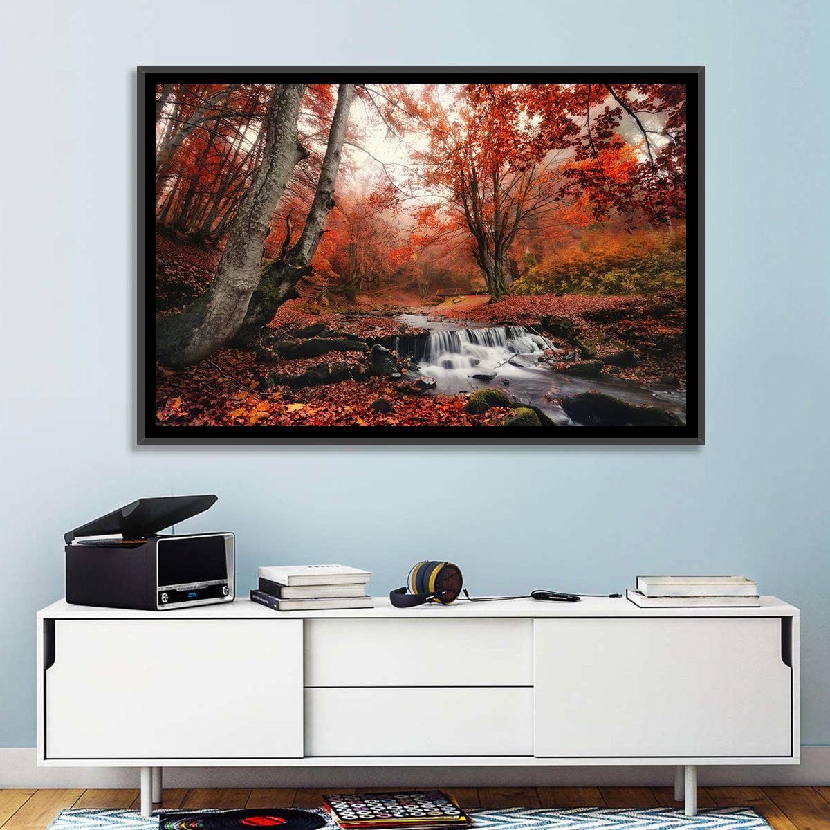 Autumn Forest Stream with Footbridge Wall Art in a room, landscape