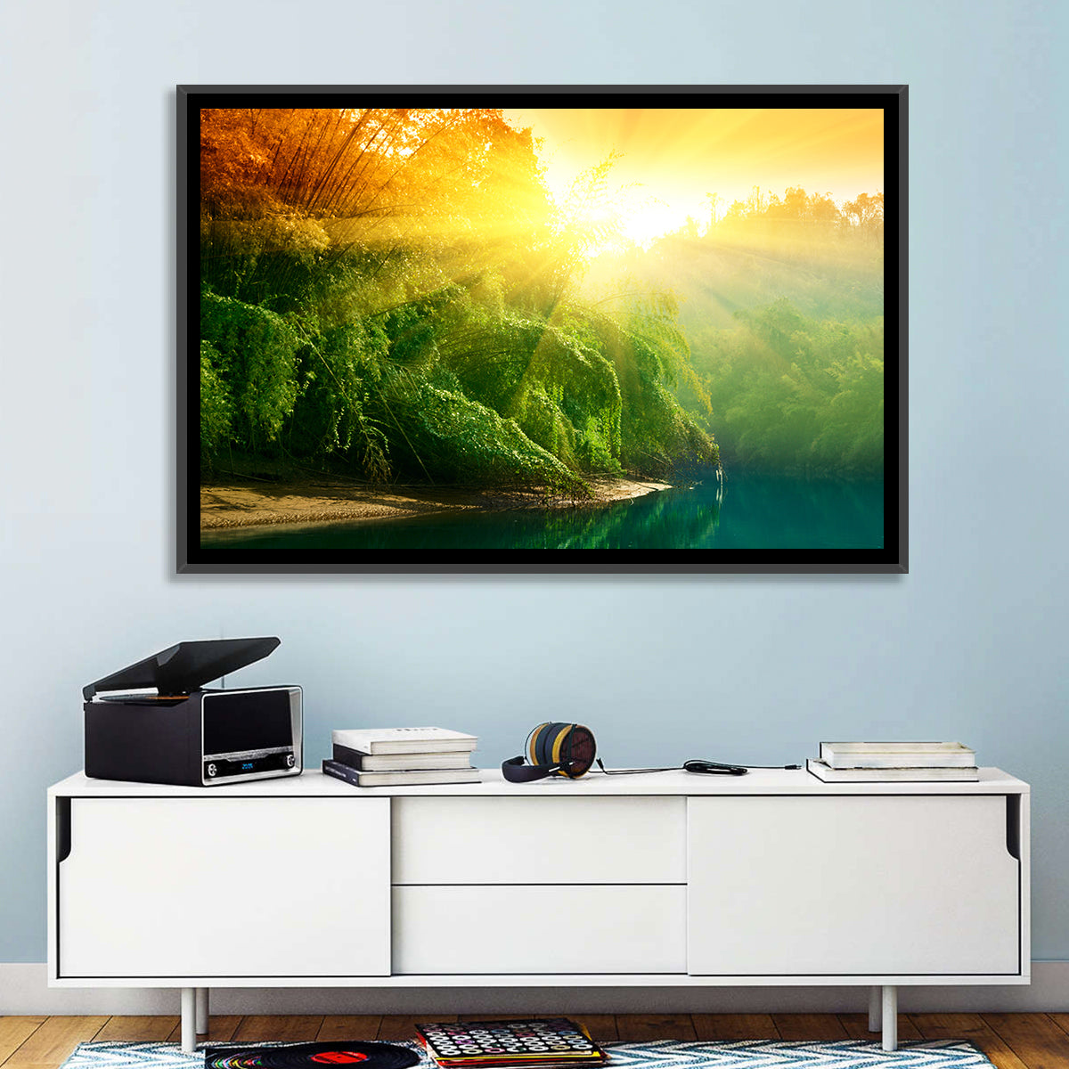 Golden Bamboo Riverbank Wall Art in a room, landscape