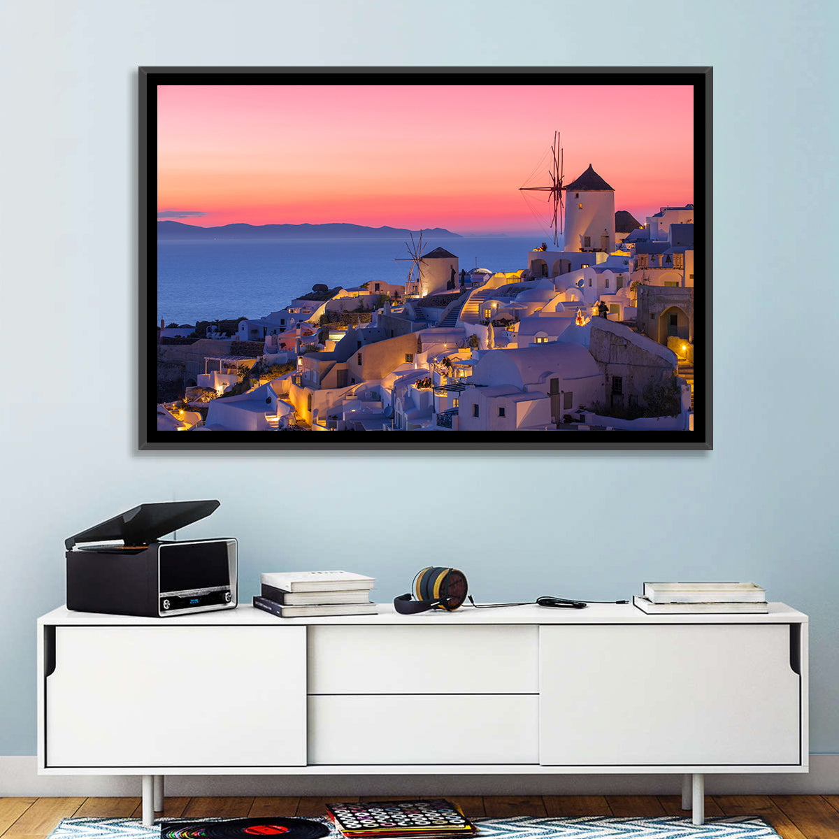 Oia Windmills at Dusk Wall Art in a room, landscape