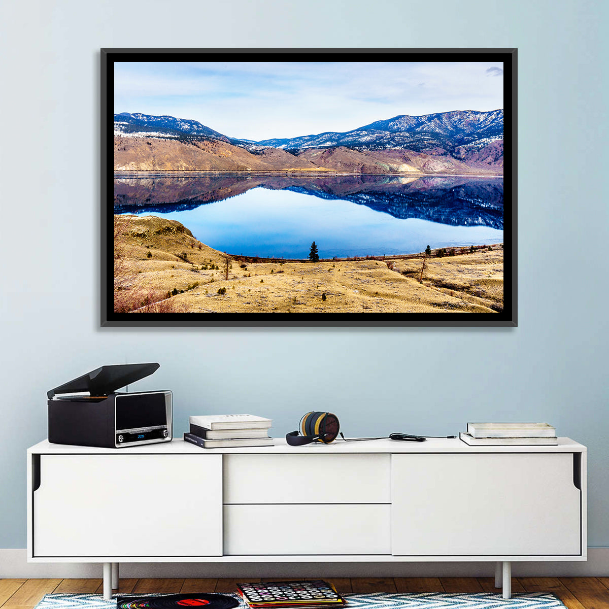 Kamloops Lake Sunset with Snow Capped Peaks Wall Art in a room, landscape