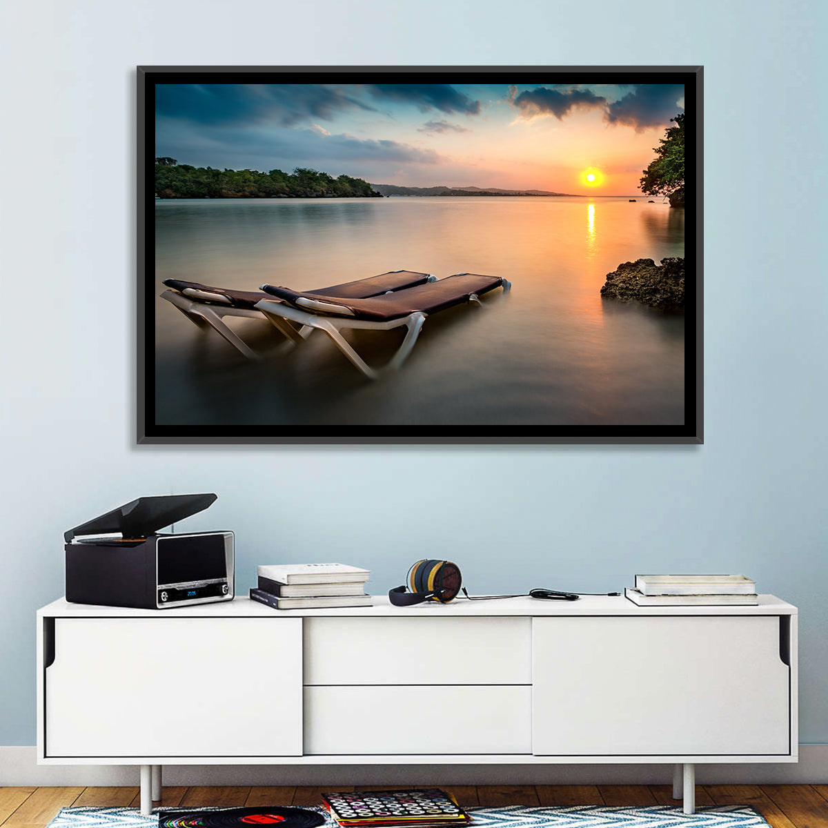 Sunset Over Coastal Lounge Chairs Wall Art in a room, landscape