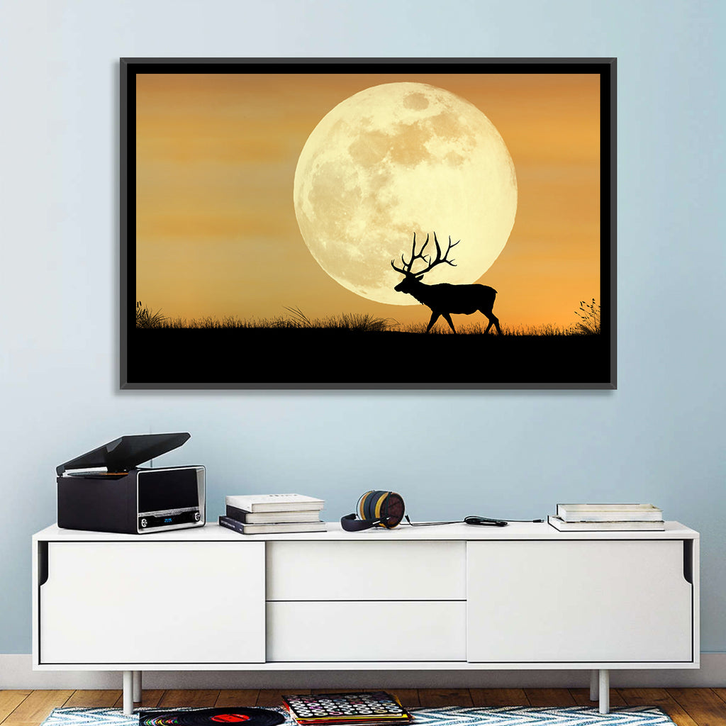 Bull Elk Silhouette Under Supermoon Wall Art