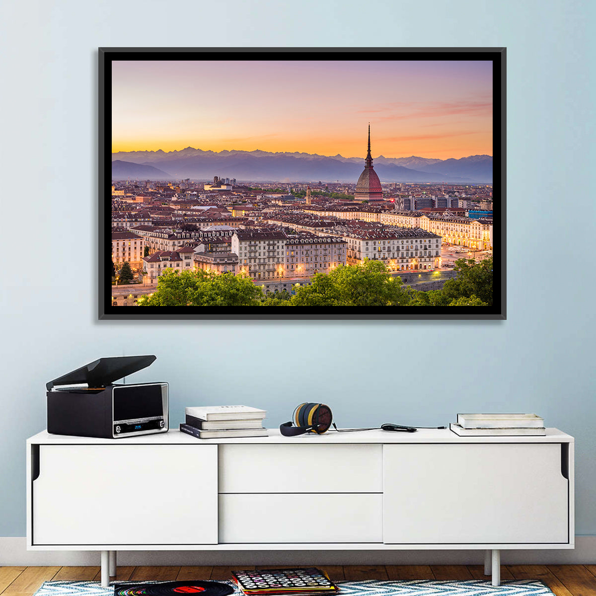Turin Skyline at Golden Dusk Wall Art in a room, landscape