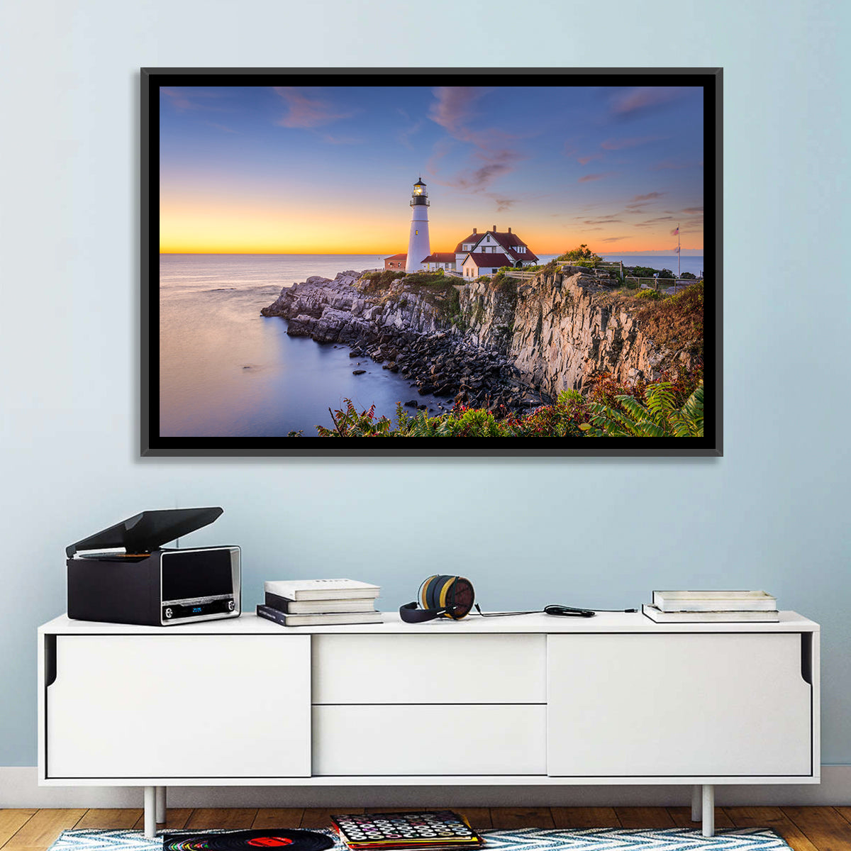 Portland Head Light at Dusk Wall Art in a room, landscape