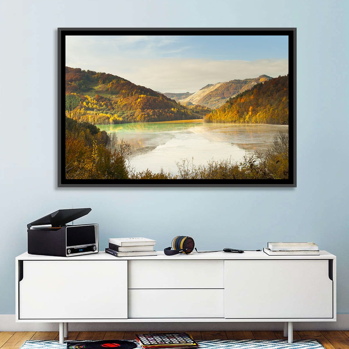 Bright Green Tailings Lake Wall Art in a room, landscape