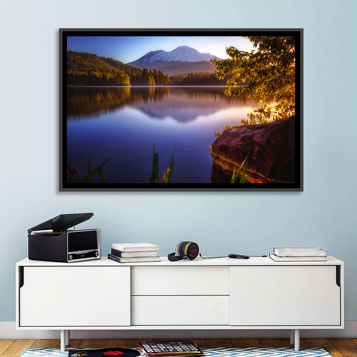 Mt Shasta Reflection at Lake Siskiyou Wall Art in a room, landscape