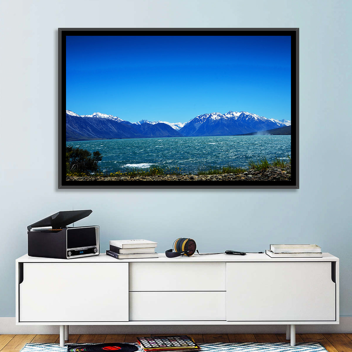 Lake Ohau Snow Peaks Wall Art in a room, landscape