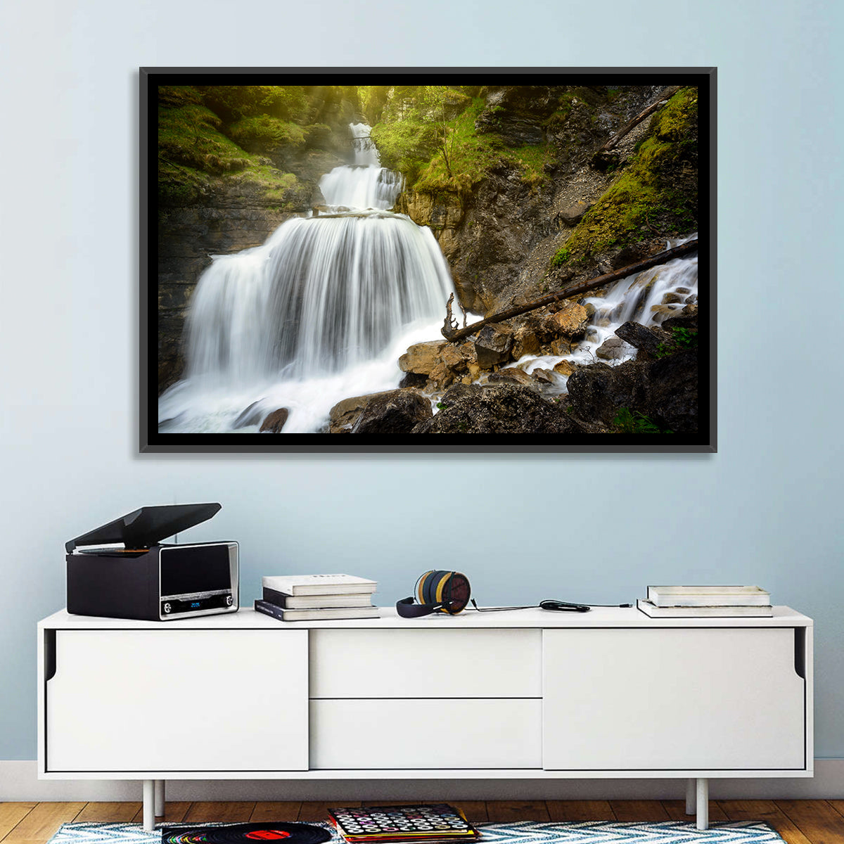 White Cascade Over Mossy Rocks Wall Art in a room, landscape