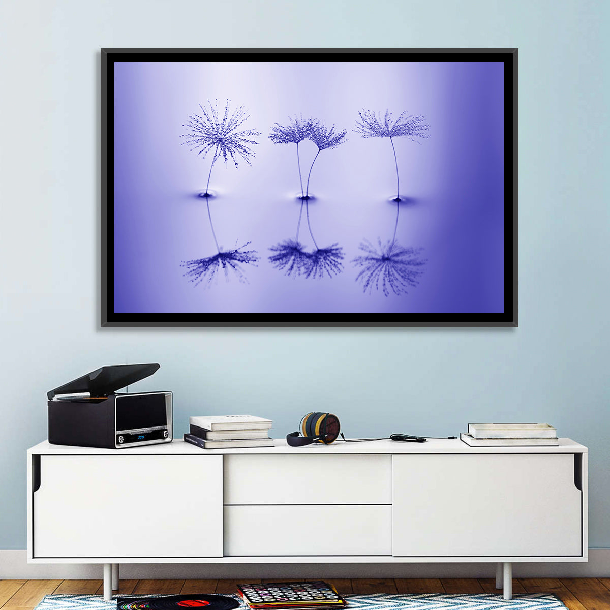 Blue Dandelion Seeds with Reflections Wall Art in a room, landscape