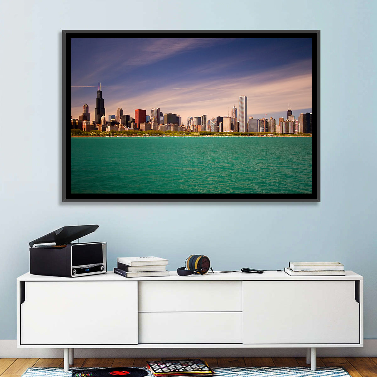 Chicago Skyline Above Lake Michigan Wall Art in a room, landscape