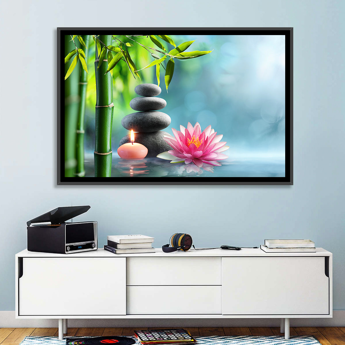Zen Massage Stones with Waterlily Wall Art in a room, landscape