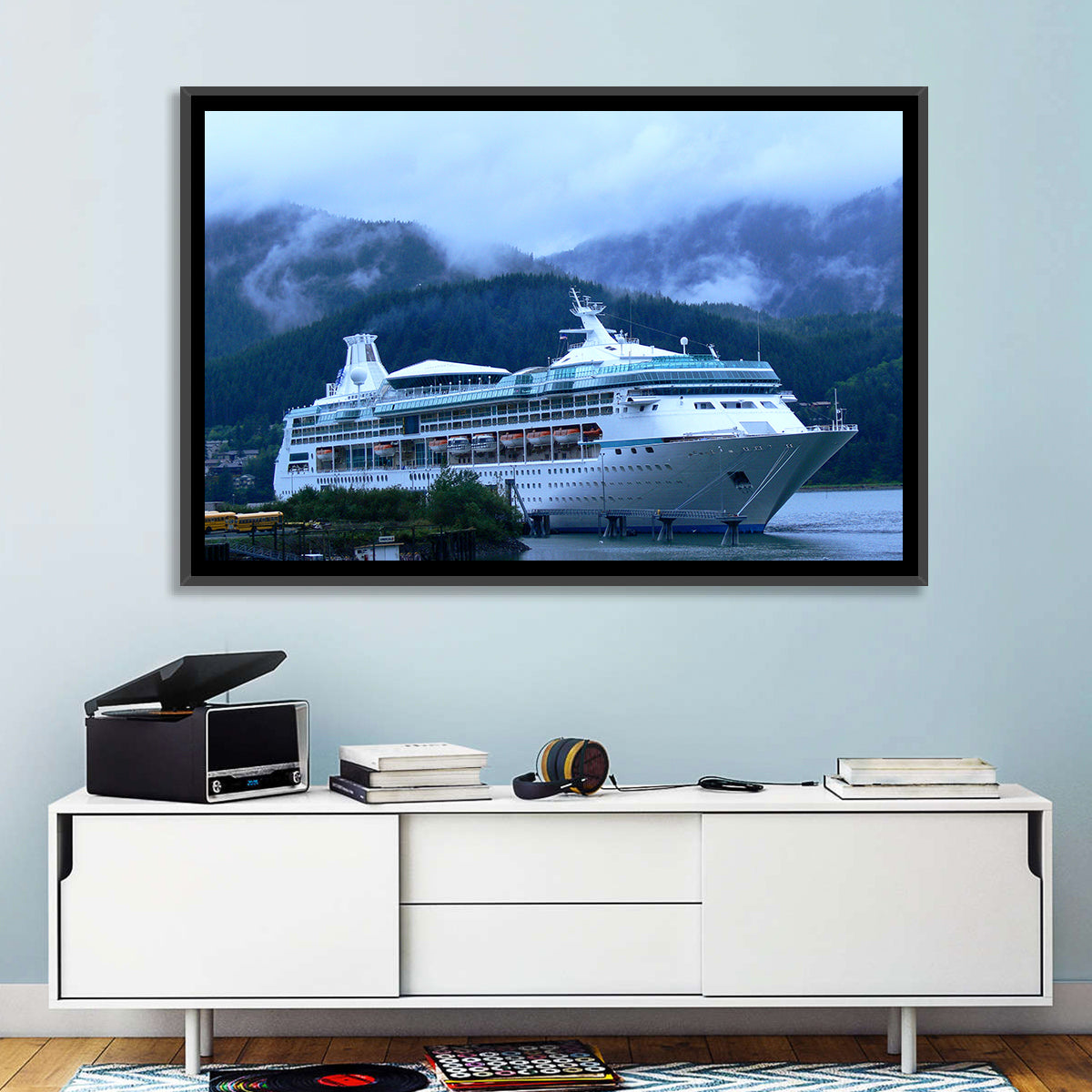 Misty Docked Cruise Ship Wall Art in a room, landscape