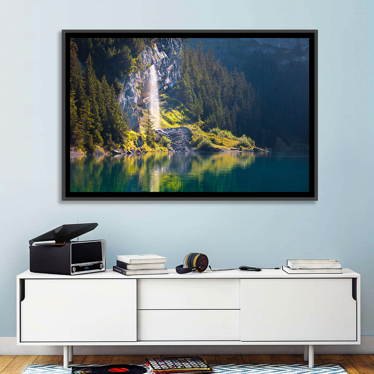Lake Oeschinen Waterfall Reflection Wall Art in a room, landscape