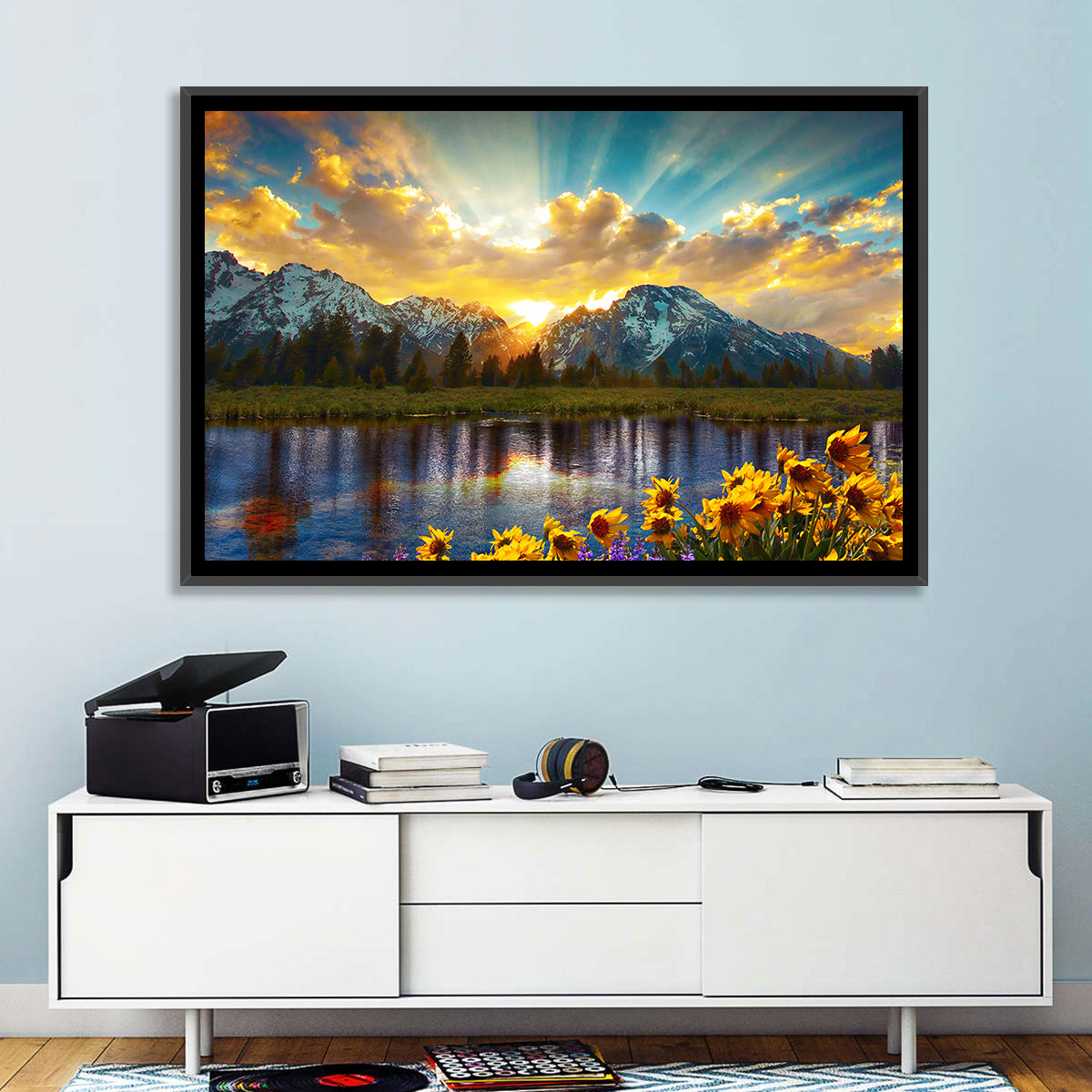 Grand Teton Sunrise Reflection Wall Art in a room, landscape
