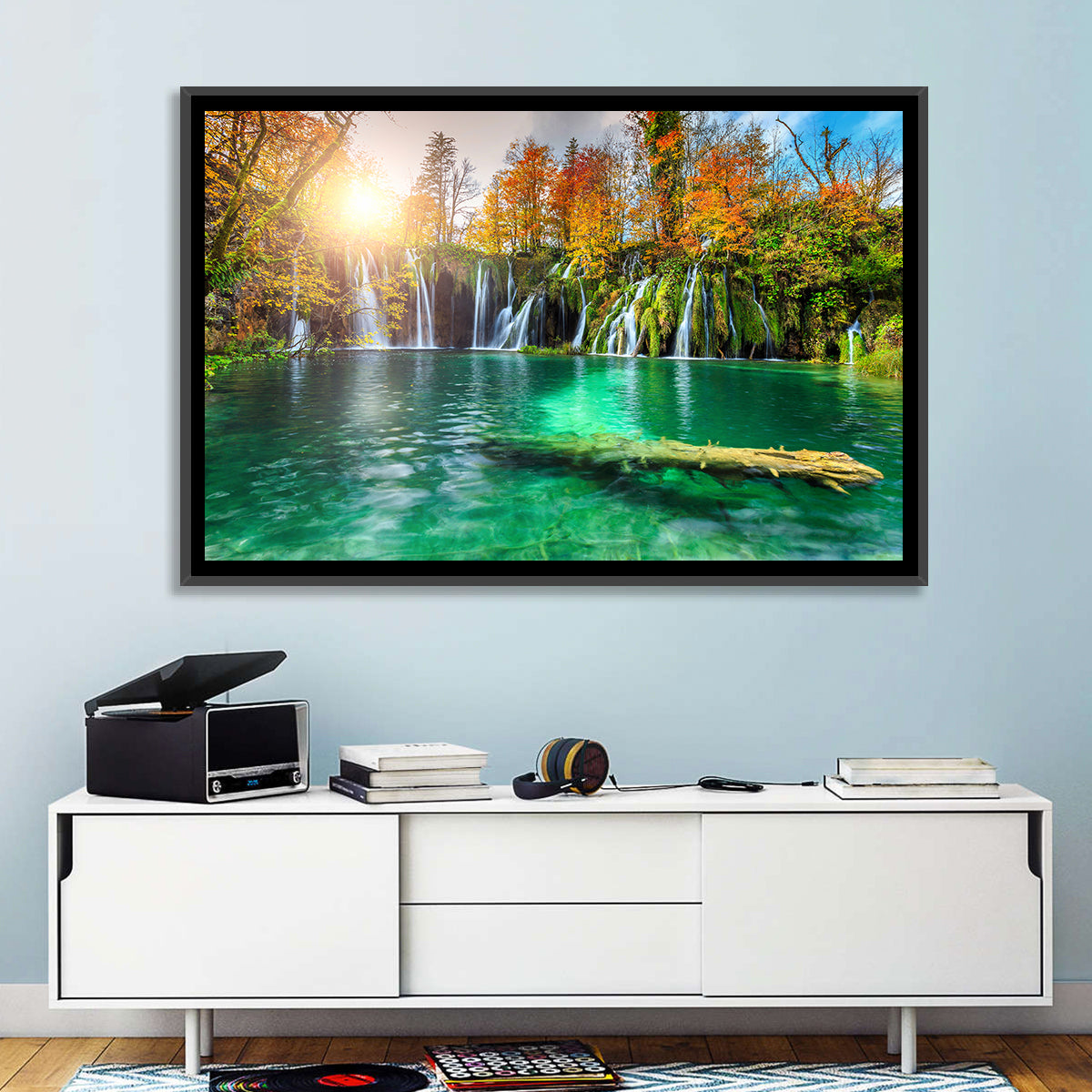 Autumn Waterfalls at Plitvice Lakes Wall Art in a room, landscape