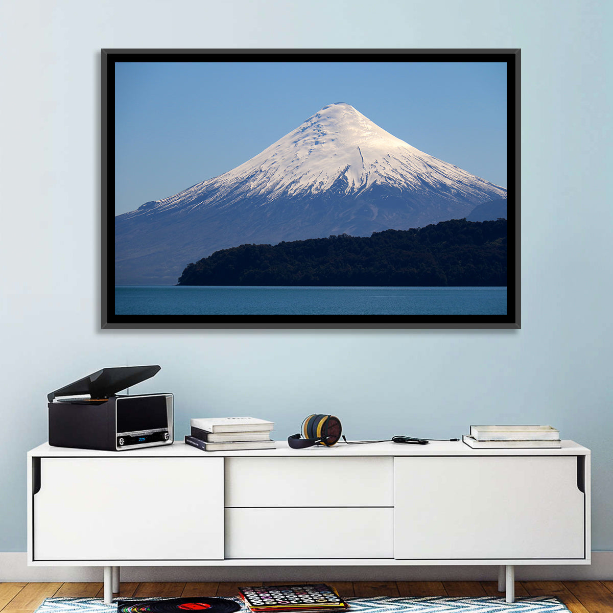 Snow-capped Osorno Volcano Over Lake Wall Art in a room, landscape