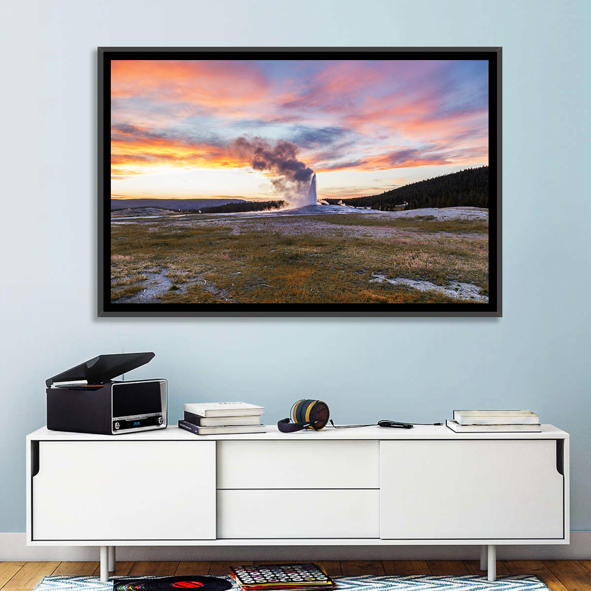 Old Faithful Erupting at Sunset Wall Art