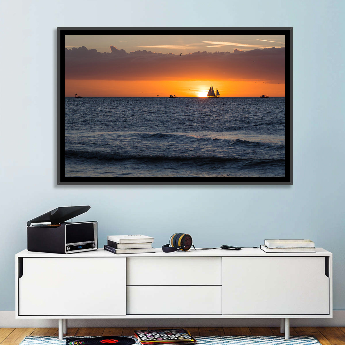 Florida Sailboat Sunset Wall Art in a room, landscape