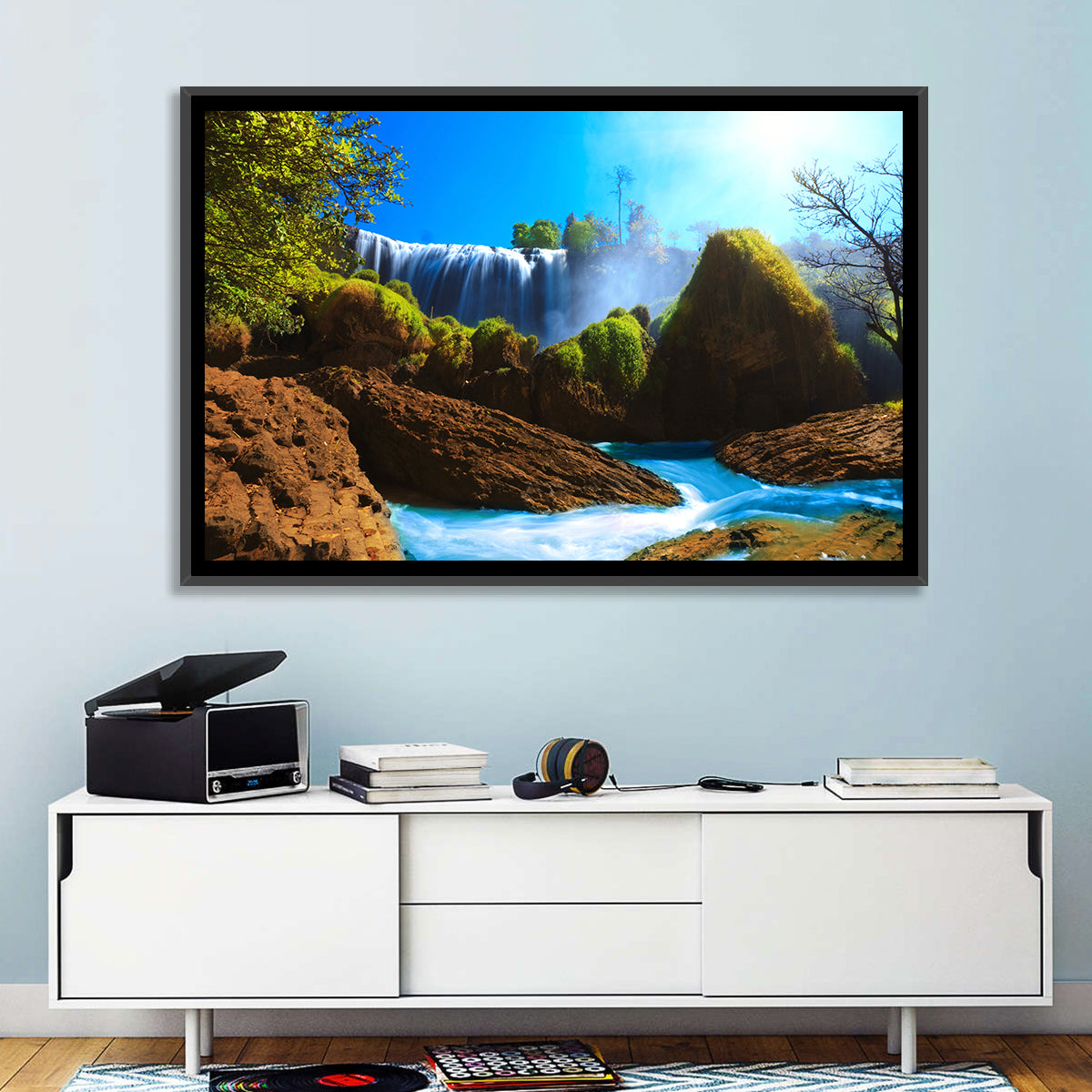 Sunlit Turquoise Waterfall Wall Art in a room, landscape