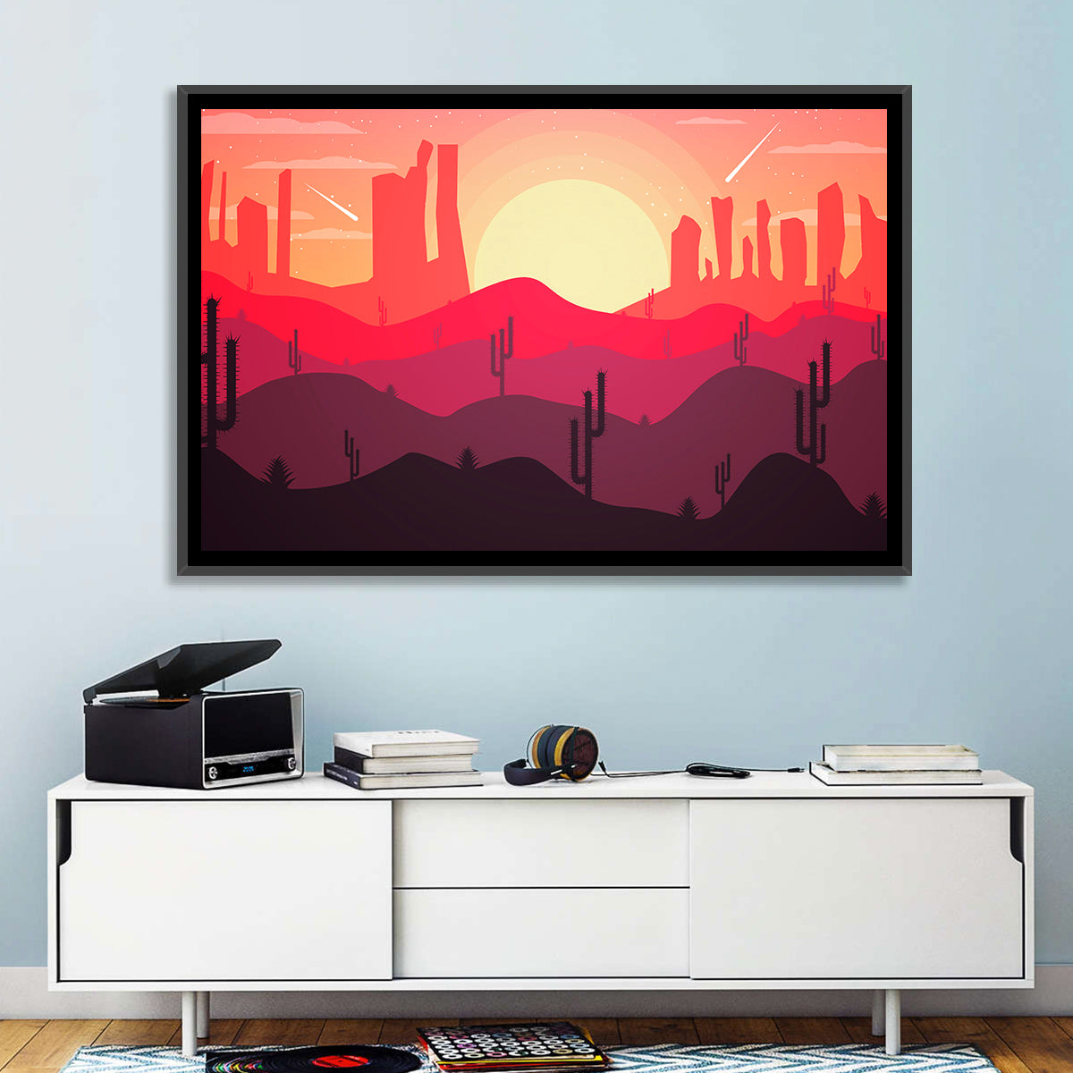 Sunset Desert Cacti Wall Art in a room, landscape