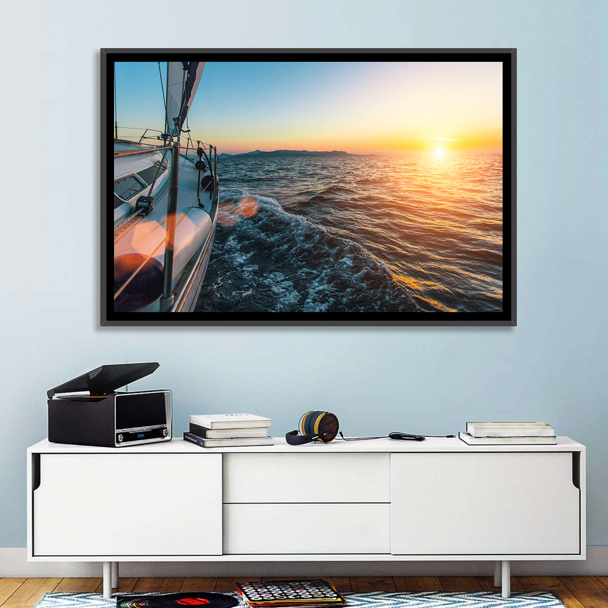 Sunset Sail from Deck Wall Art in a room, landscape