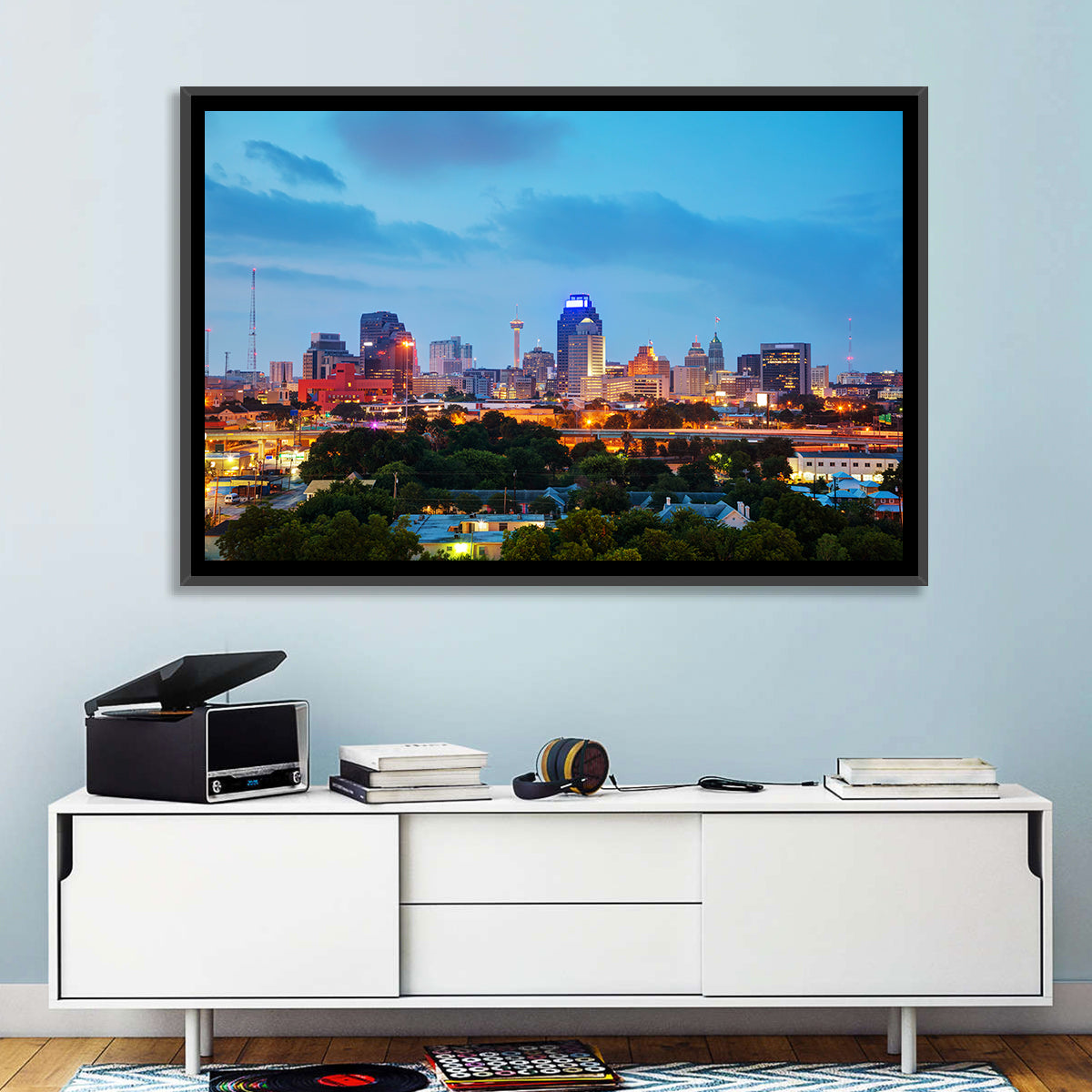 San Antonio Skyline at Dusk Wall Art in a room, landscape