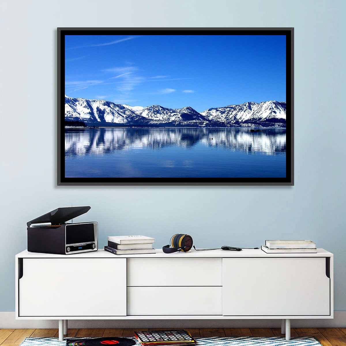 Lake Tahoe Mountain Reflection Wall Art in a room, landscape