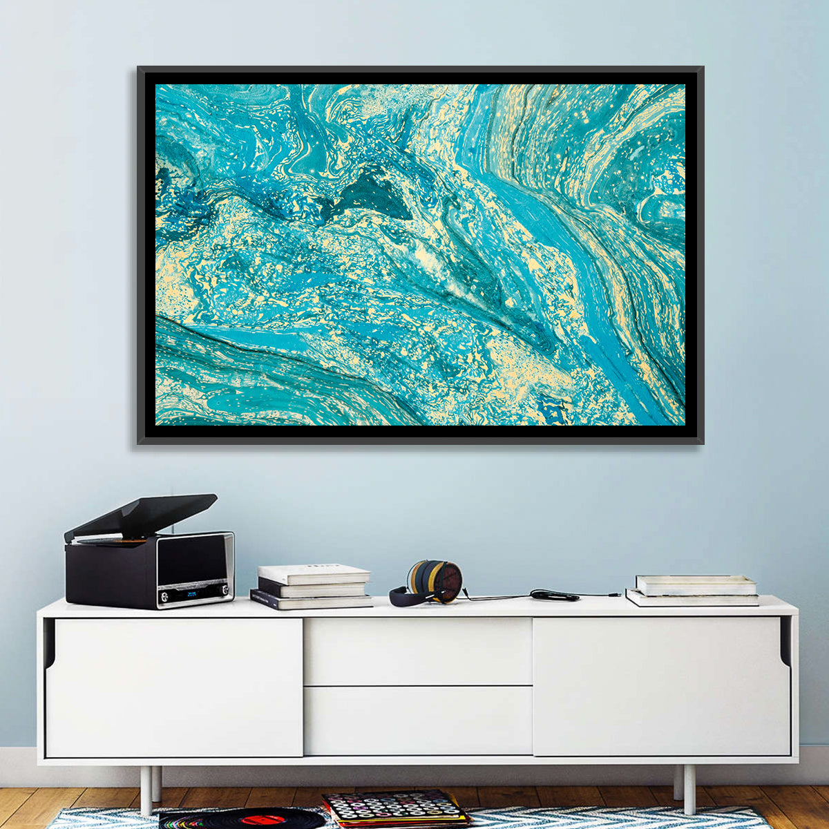 Teal Marble Swirls Abstract Wall Art in a room, landscape