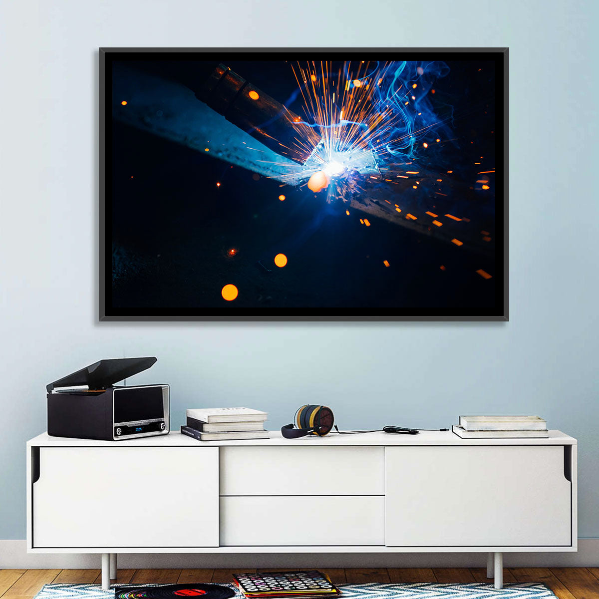 Molten Metal Sparks Wall Art in a room, landscape