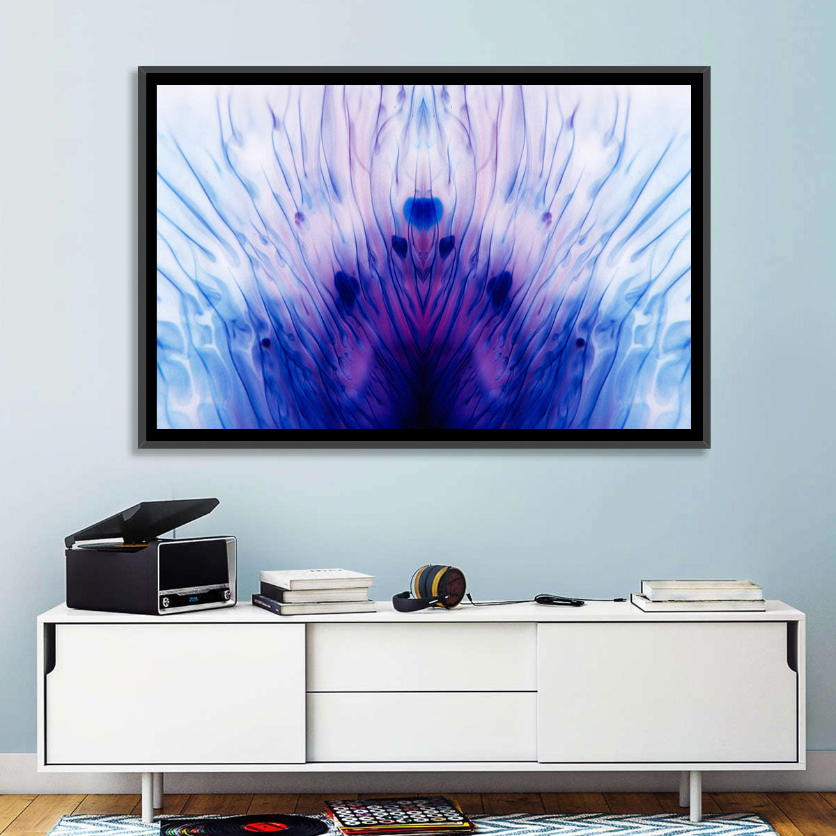 Mirrored Ink Splotch Abstract Wall Art in a room, landscape