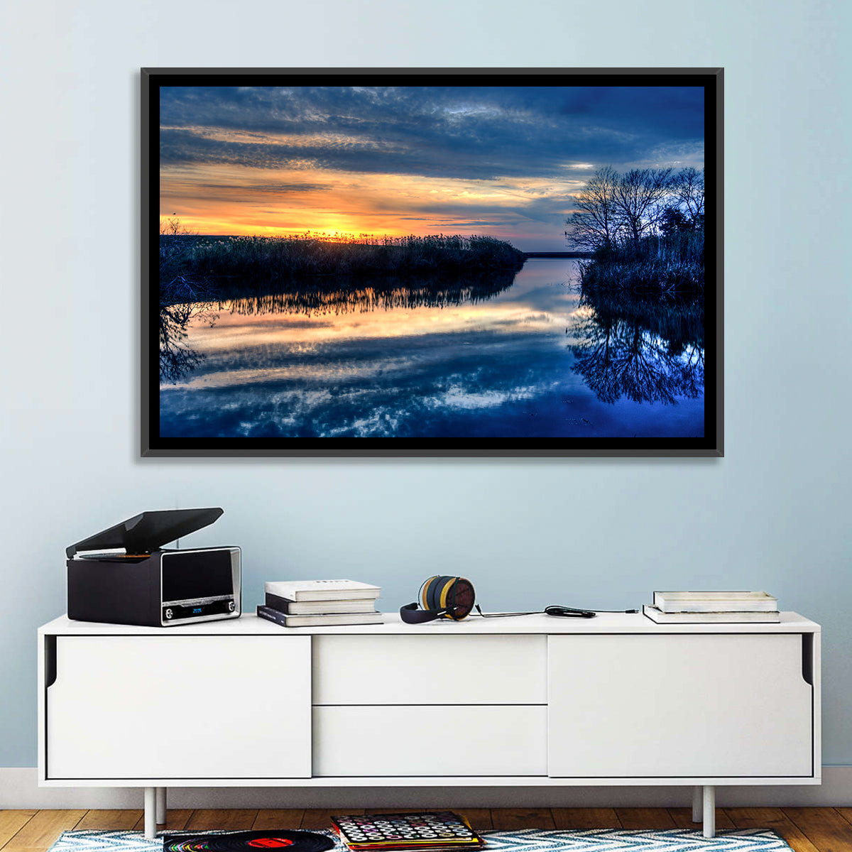 Louisiana Bayou Sunset Wall Art in a room, landscape