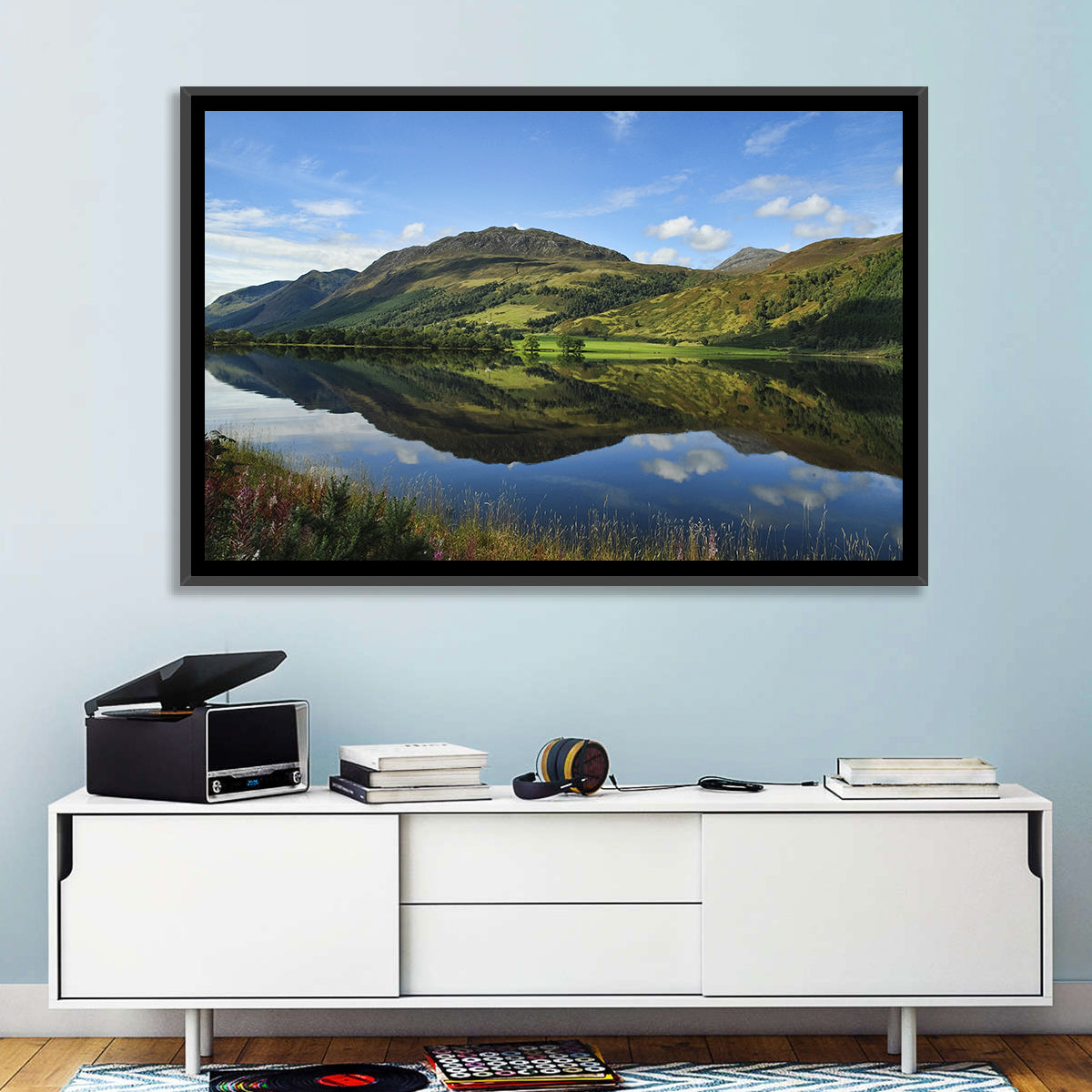 Irish Lake Reflection Wall Art in a room, landscape