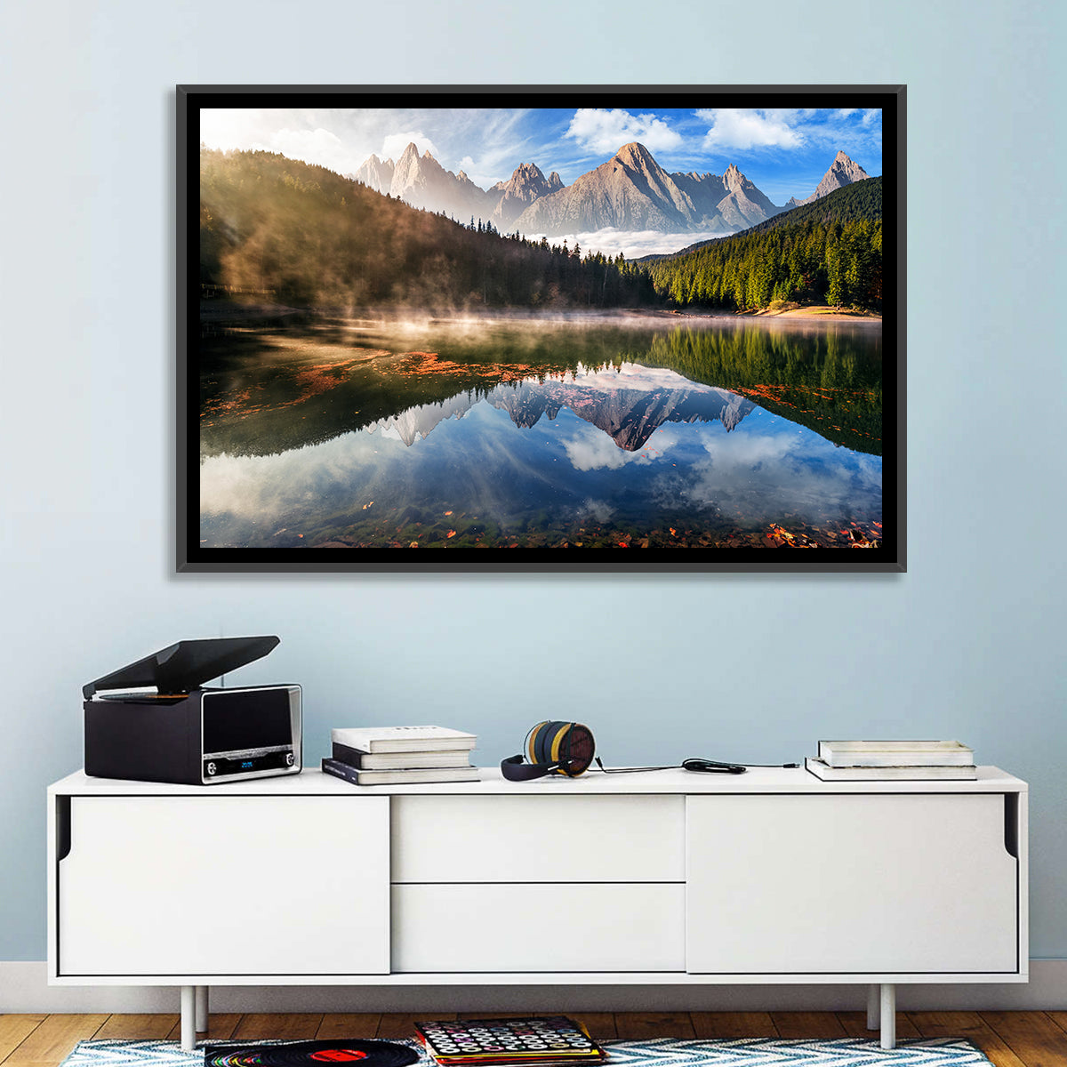 Morning Mist Mountain Lake Wall Art in a room, landscape