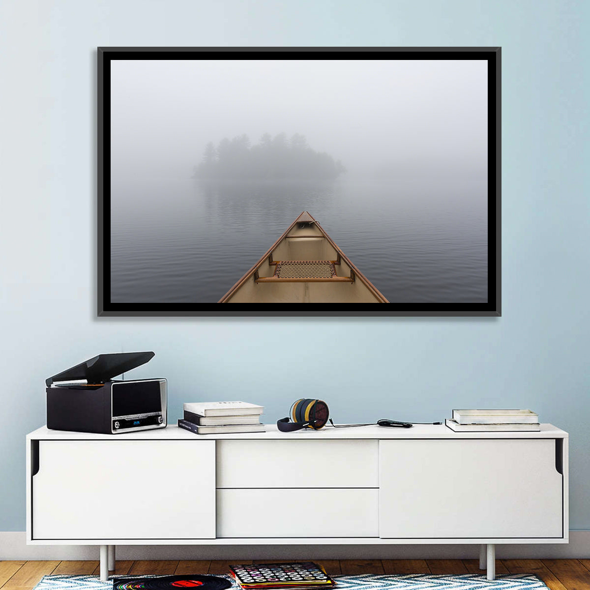 Canoe on Misty Ontario Lake Wall Art in a room, landscape