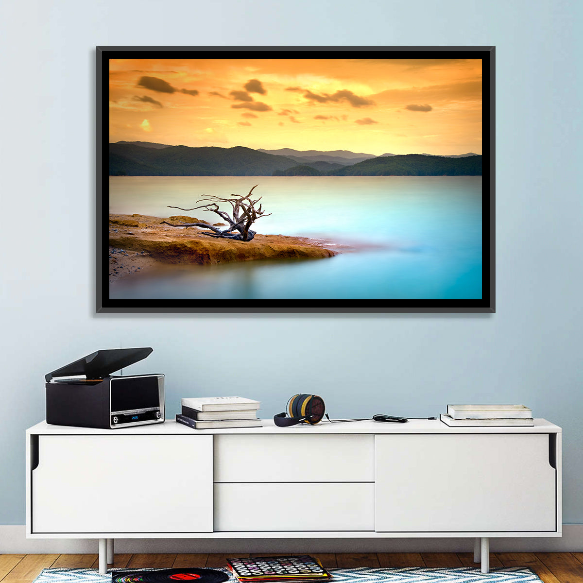 Gnarled Driftwood at Turquoise Lake Wall Art in a room, landscape