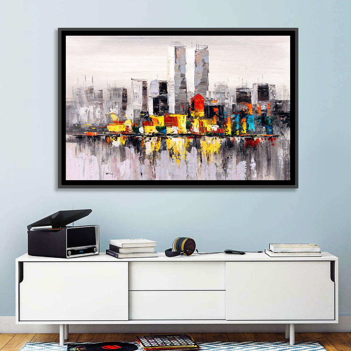 Abstract Skyline with Water Reflection Wall Art in a room, landscape