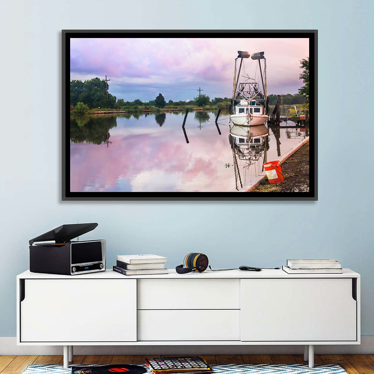 White Shrimp Boat on Louisiana Bayou Wall Art in a room, landscape