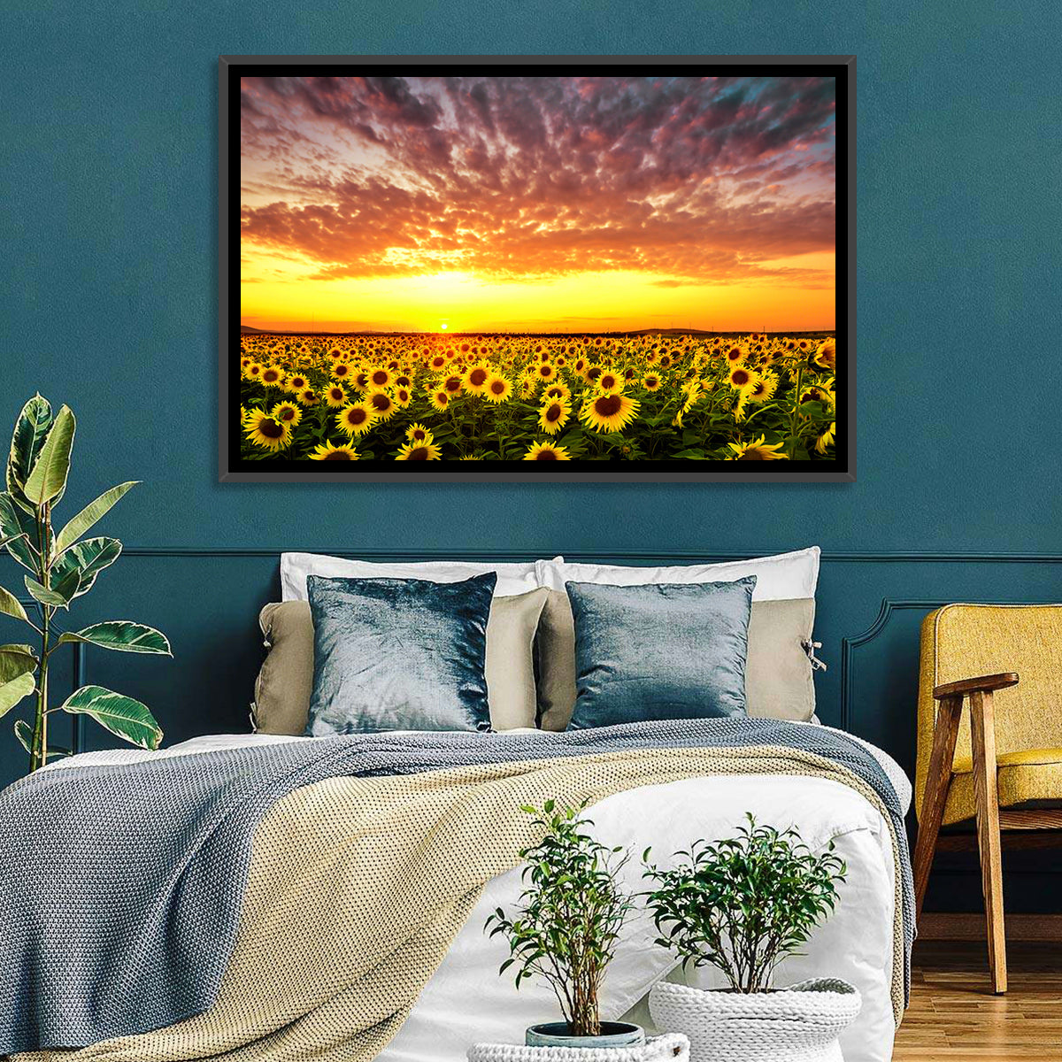 Golden Hour Sunflower Field Wall Art in a room, landscape