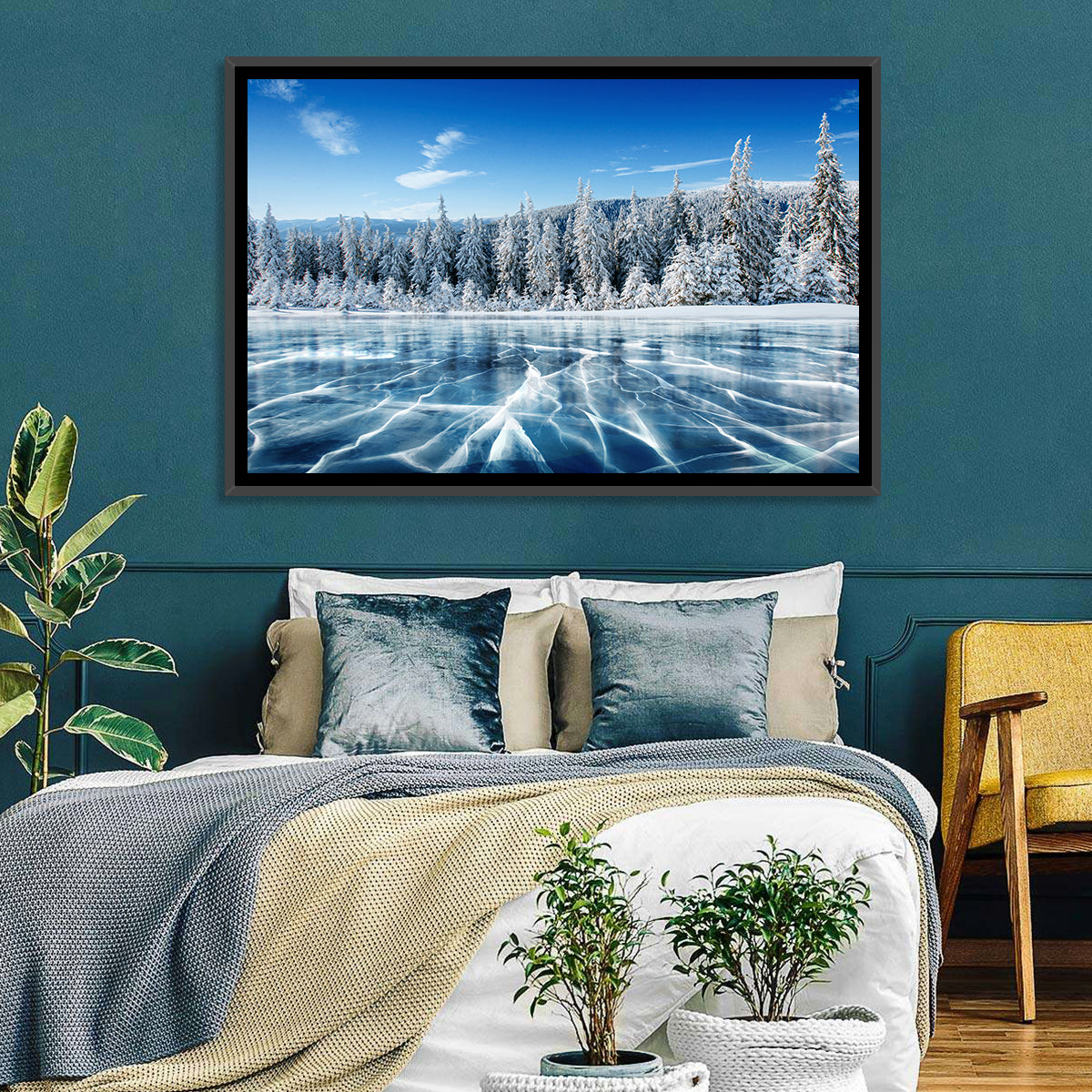 Cracked Ice Lake with Snowy Pines Wall Art in a room, landscape