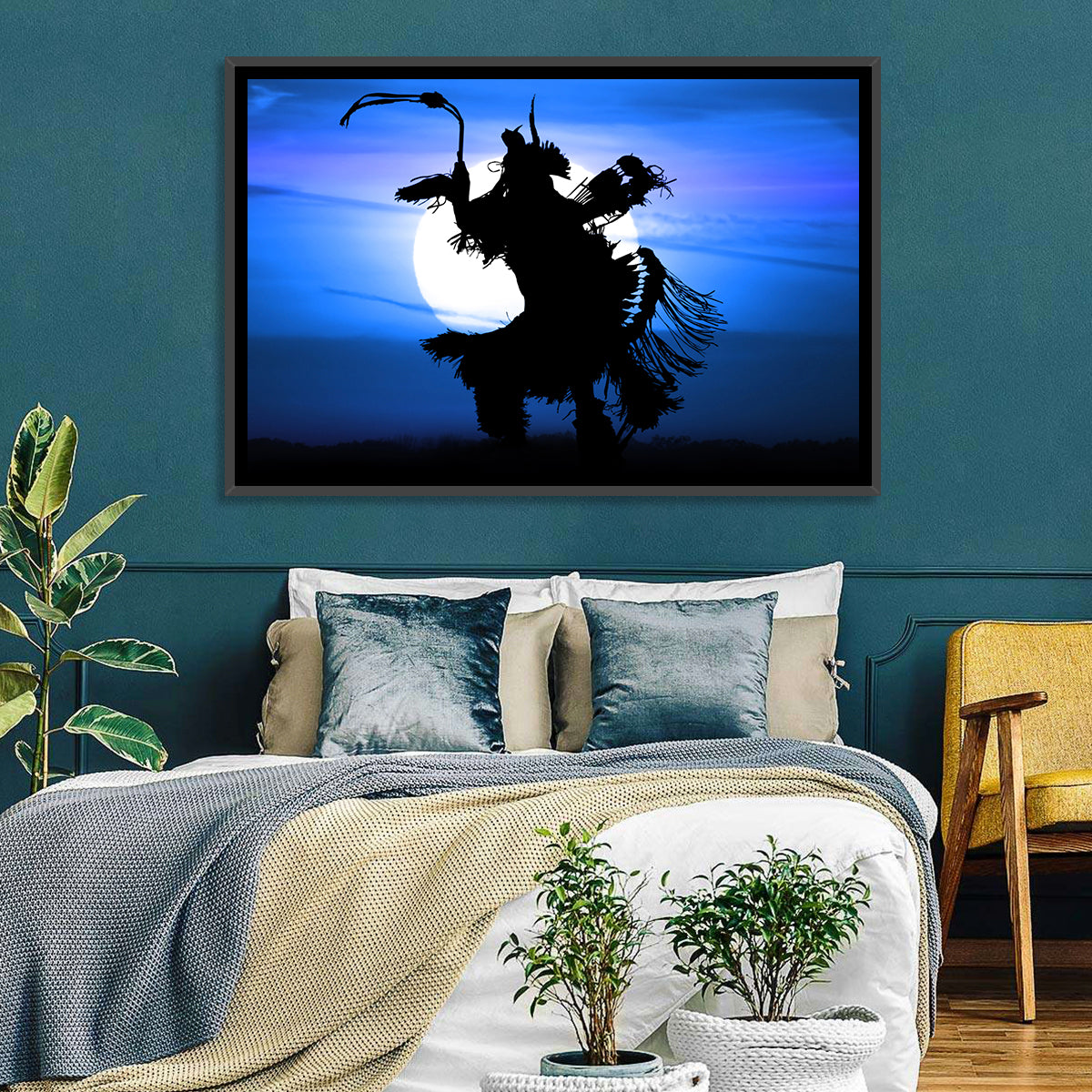 Moonlit Pow Wow Dancer Wall Art in a room, landscape