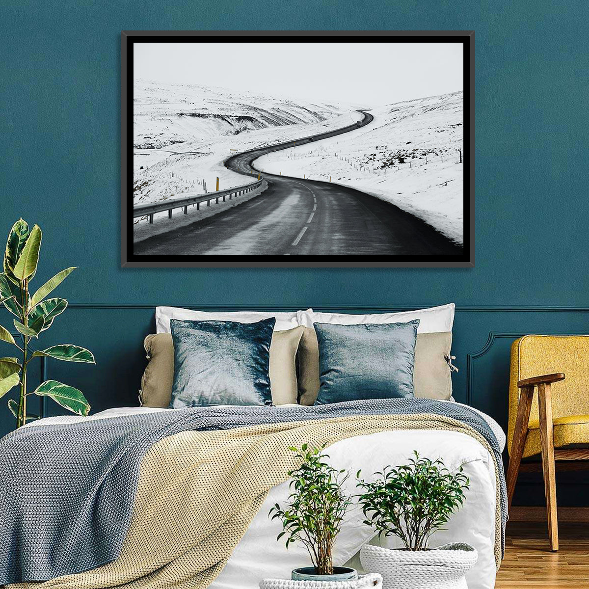Winding Snow Road with Yellow Markers Wall Art in a room, landscape