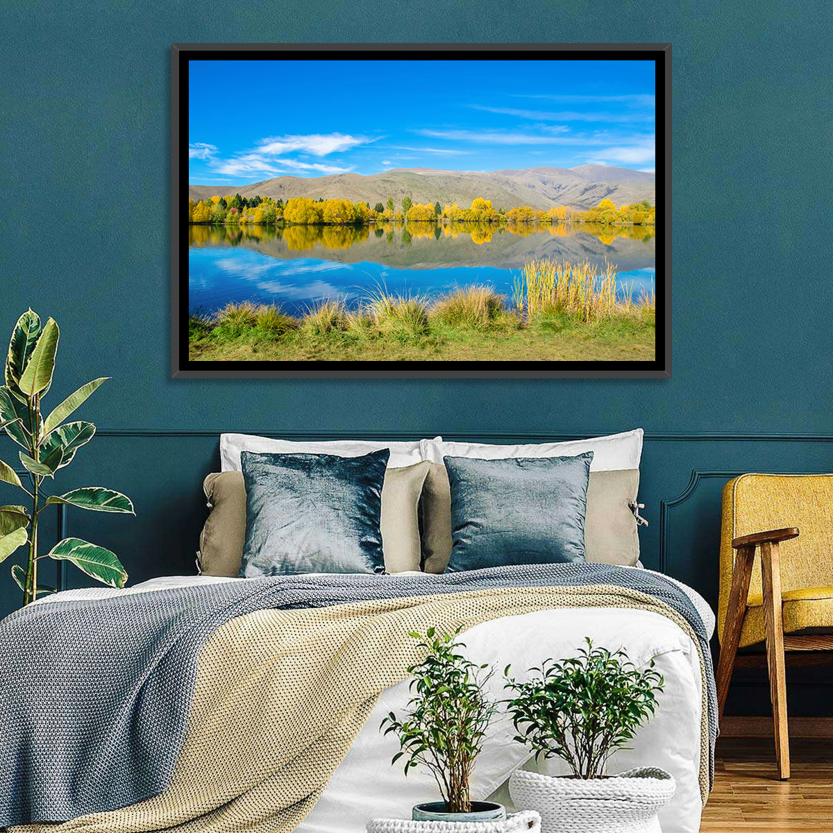 Ruataniwha Autumn Reflection Wall Art in a room, landscape